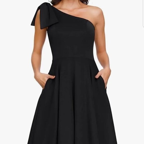 JASAMBAC  Bow One Shoulder Dress with Pockets A-line Cocktail Party Dress Sz-Med - Picture 3 of 16